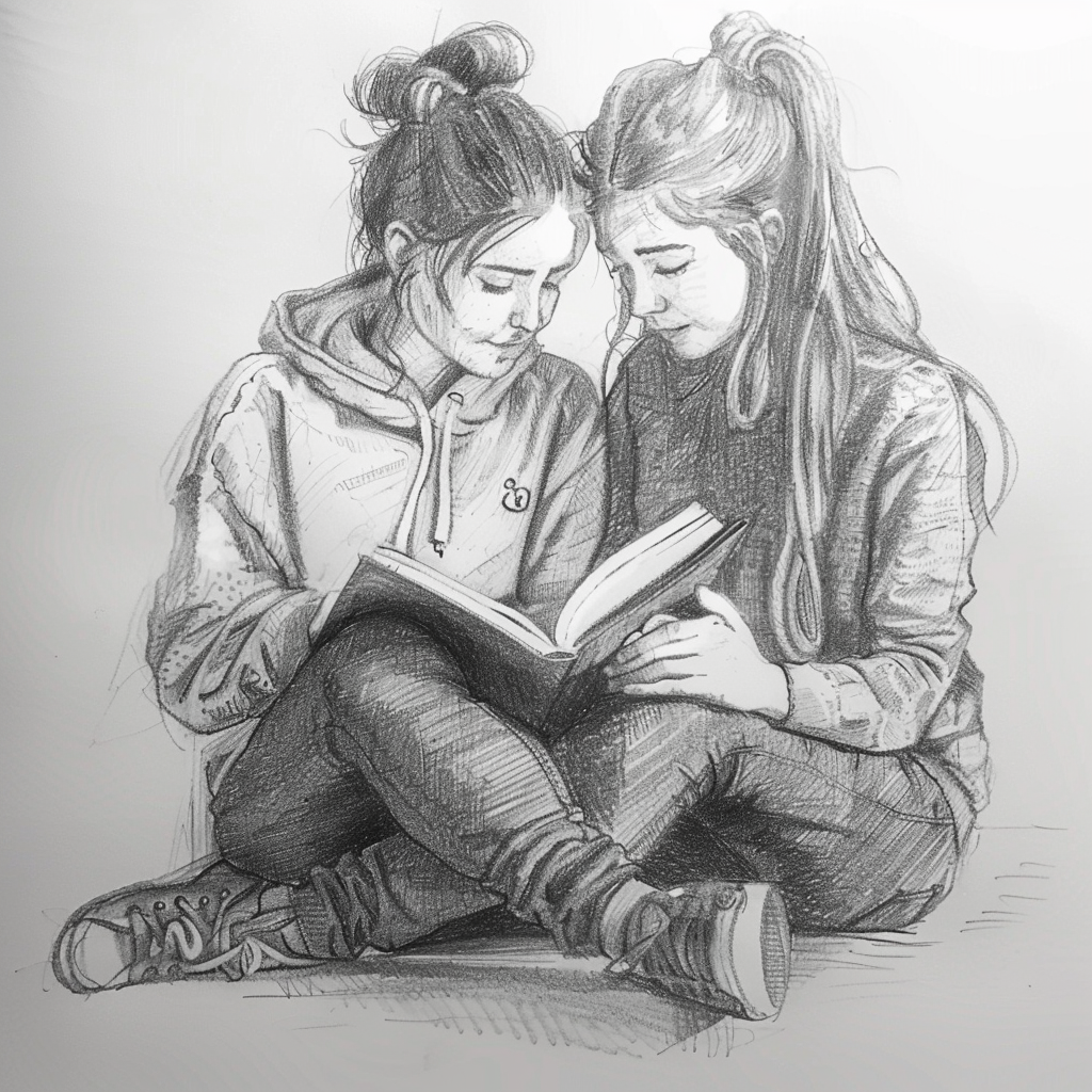 30+ Best Friend Drawing Ideas For Girls (Women, Teens and Preteens) 18 two female friends reading a book together