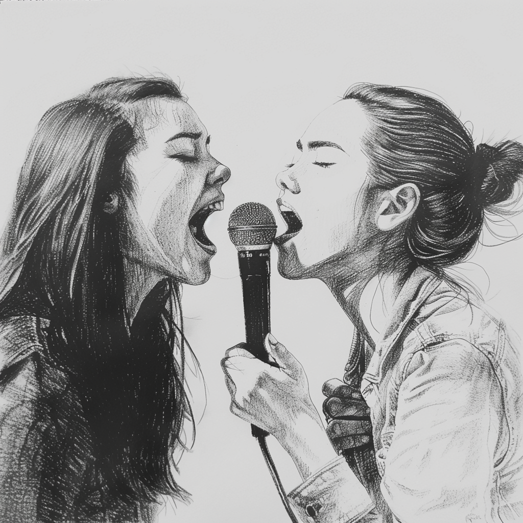 30+ Best Friend Drawing Ideas For Girls (Women, Teens and Preteens) 15 two female friends singing into a microphone