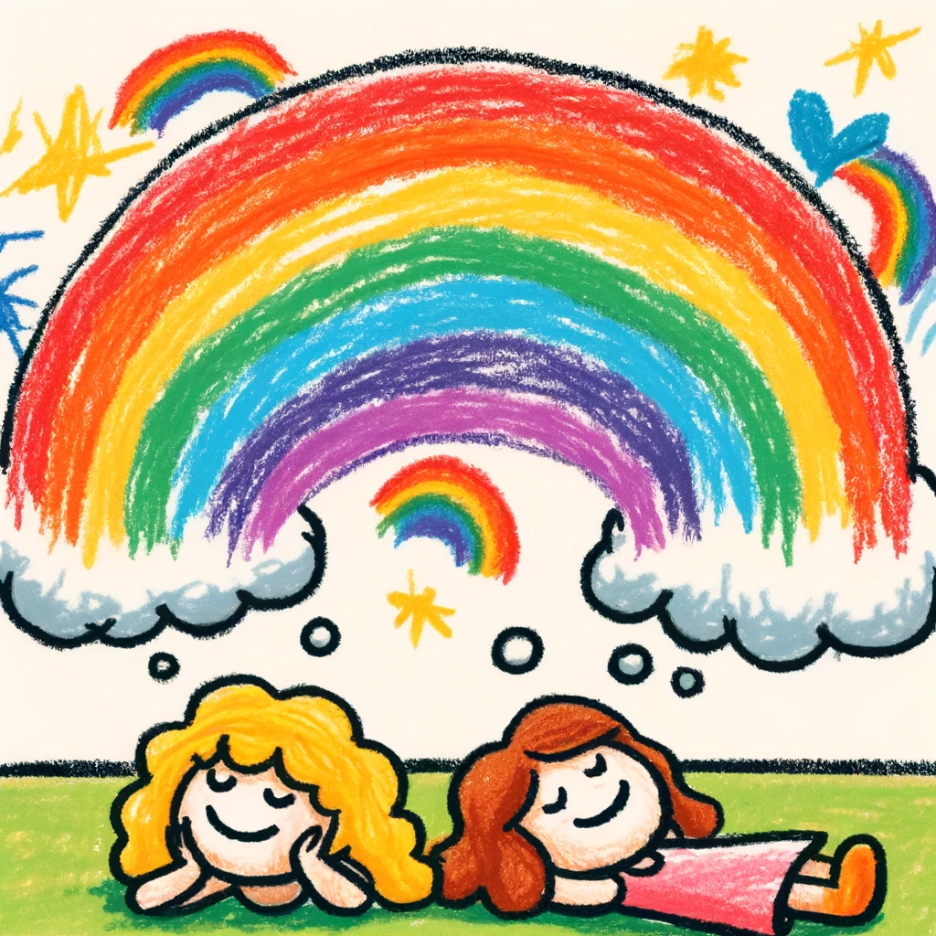 30+ Best Friend Drawing Ideas For Girls (Women, Teens and Preteens) 36 drawing of two preteen girls having rainbow dreams
