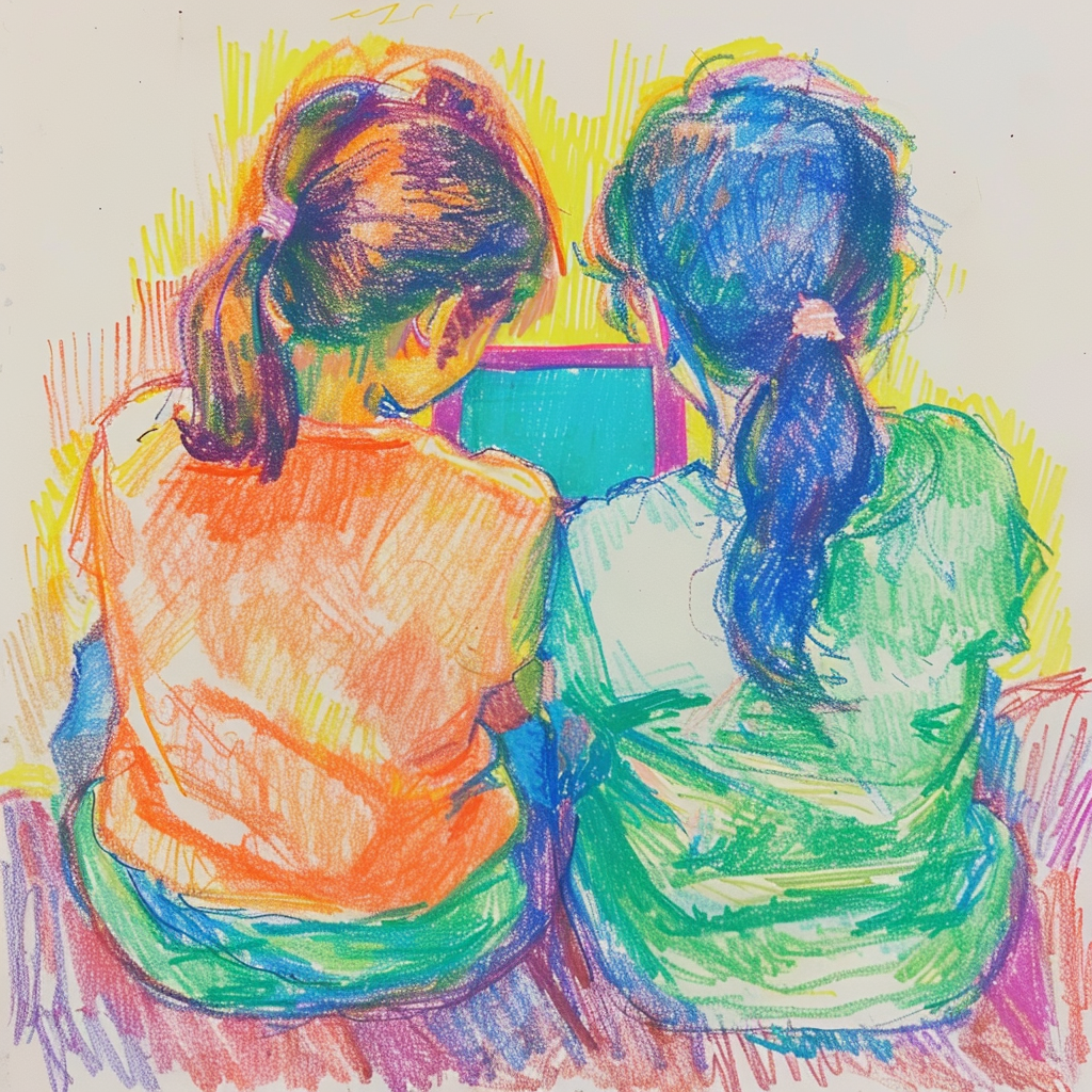 30+ Best Friend Drawing Ideas For Girls (Women, Teens and Preteens) 31 two teens watching an ipad together