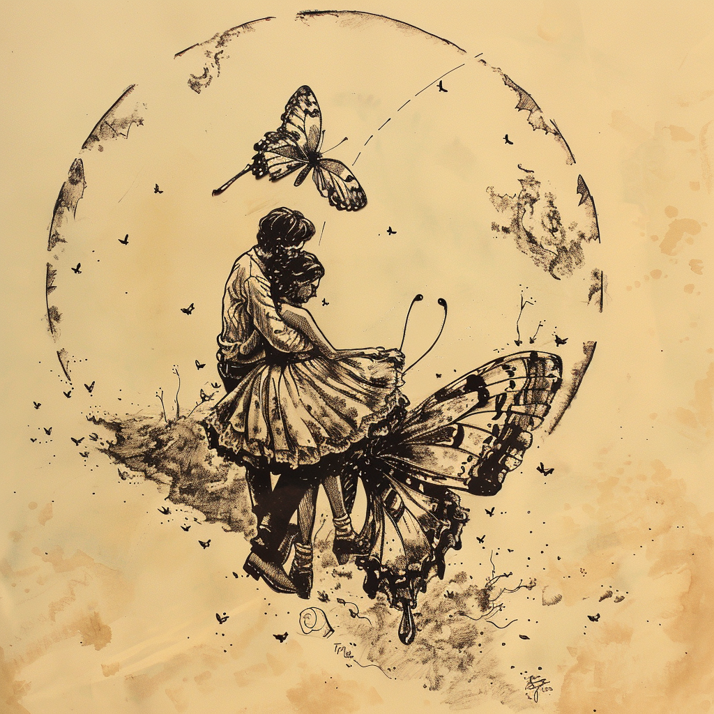 vintage drawing of couple with butterflies