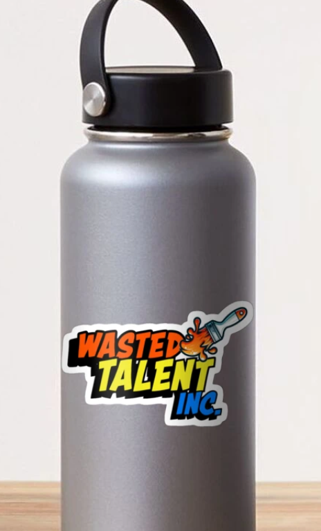 Wasted Talent Inc Logo Sticker 2 wastedtalentinc sticker on a bottle