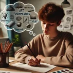 Master Art Basics: Fundamentals for Artists to Learn Core Skills 6 A student thinking about art basics with the fundamentals of art appearing as a speech bubble