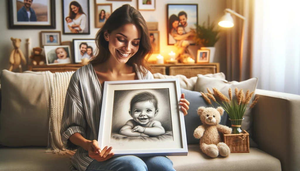 Perfect Hand Drawn Pencil Portraits From Photos: Prices, Advice & Tips 6 mother receiving a pencil portrait of her baby