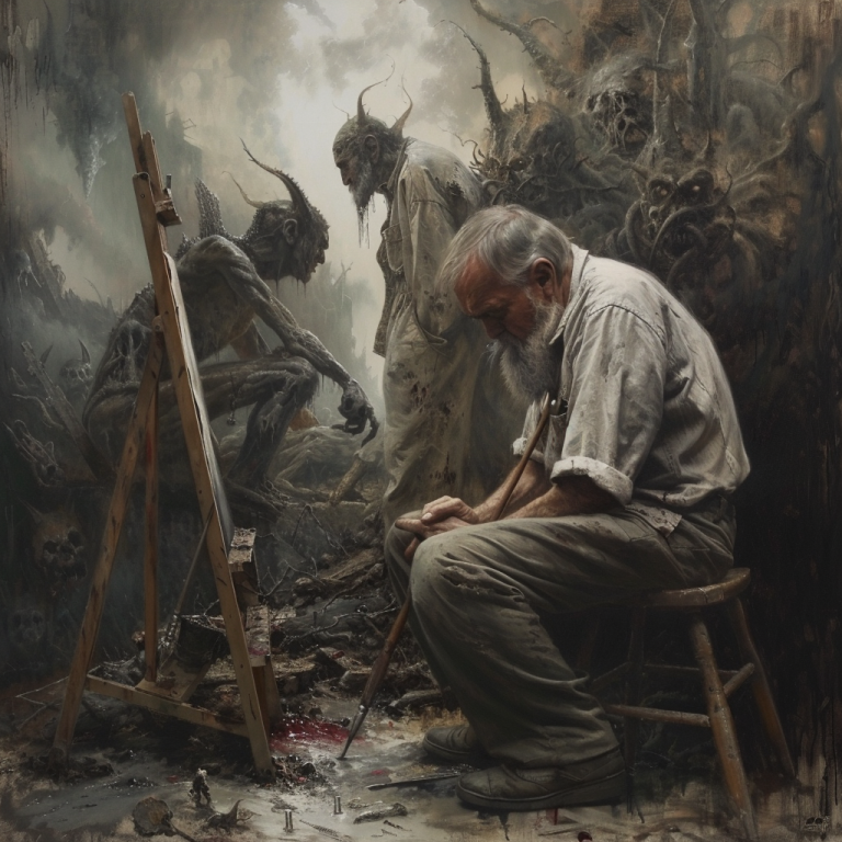 suffering artwork ideas - artist at the easel being taunted by his demons