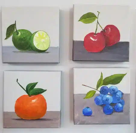 47 Easy Small Canvas Painting Ideas for Beginners 11 4 mini fruit paintings on canvas