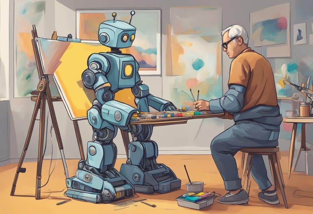 A robot artist creates abstract paintings while a traditional artist looks on skeptically