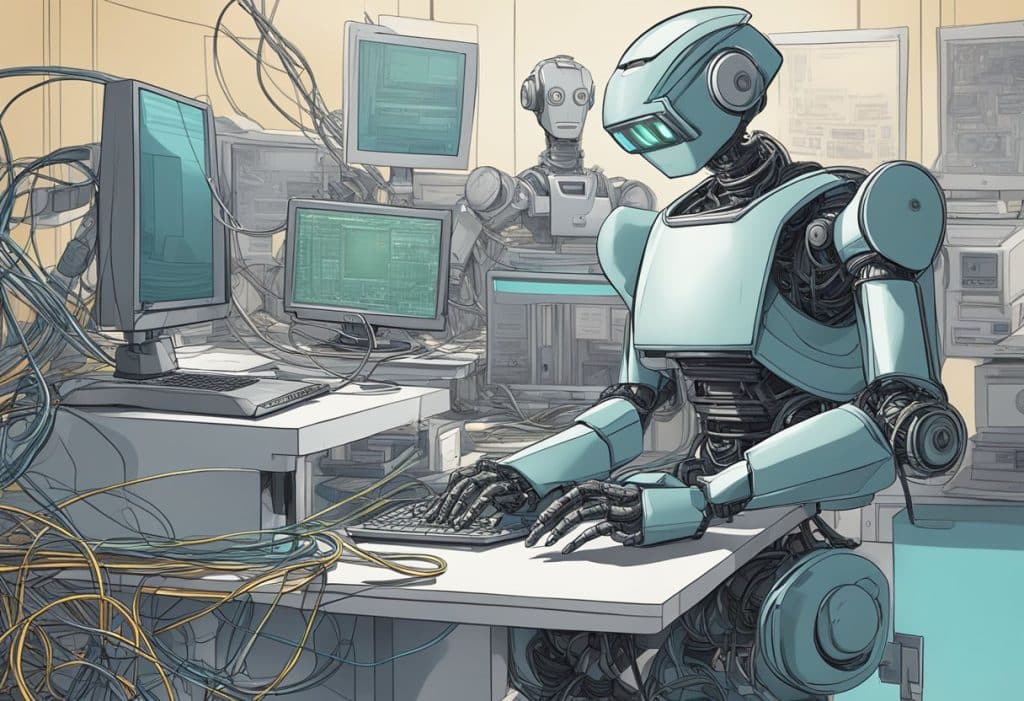 A robot creating art, surrounded by tangled wires and computer screens, while an ethical debate rages in the background
